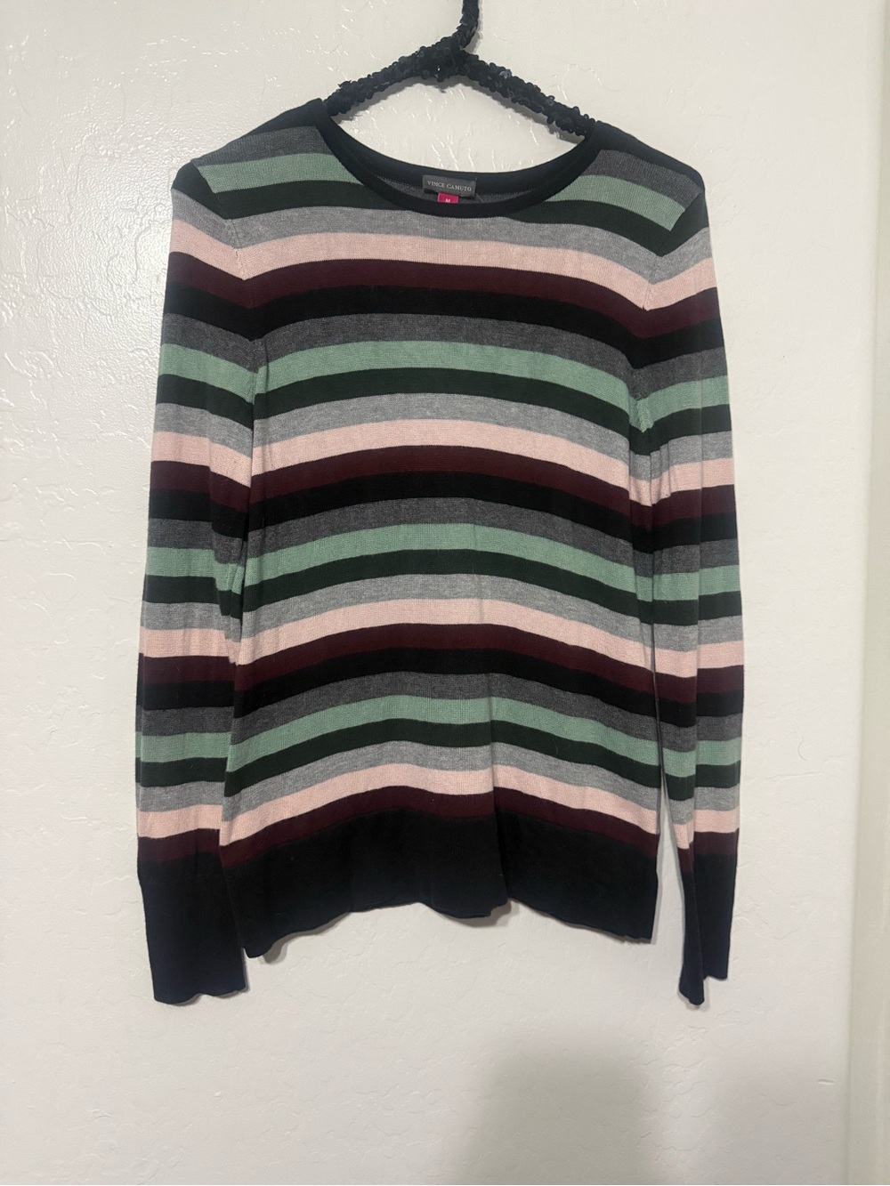 Vince Camuto Striped Crewneck Sweater in Mint Green, Blush Pink and Black